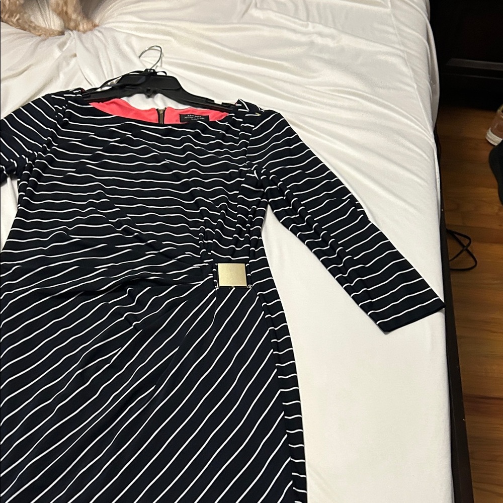 Tahari Navy and White Striped Long Sleeve Dress